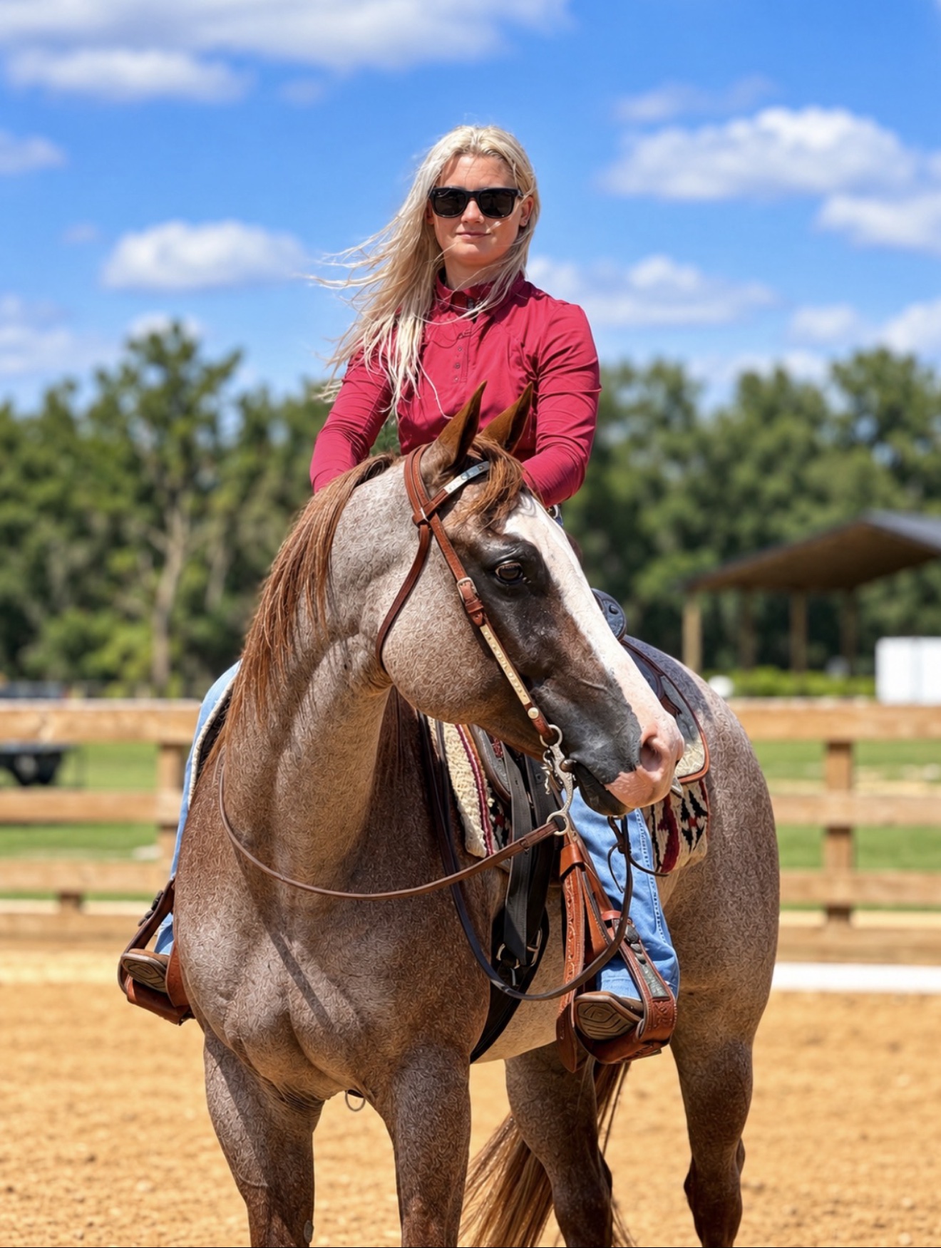 Close-up of Hayley riding Struttin Cowboy